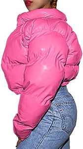 Metallic Pink Stand Collar Cropped Women's Puffer Jacket