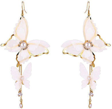 Cute White & Gold Butterfly Tassle Earring