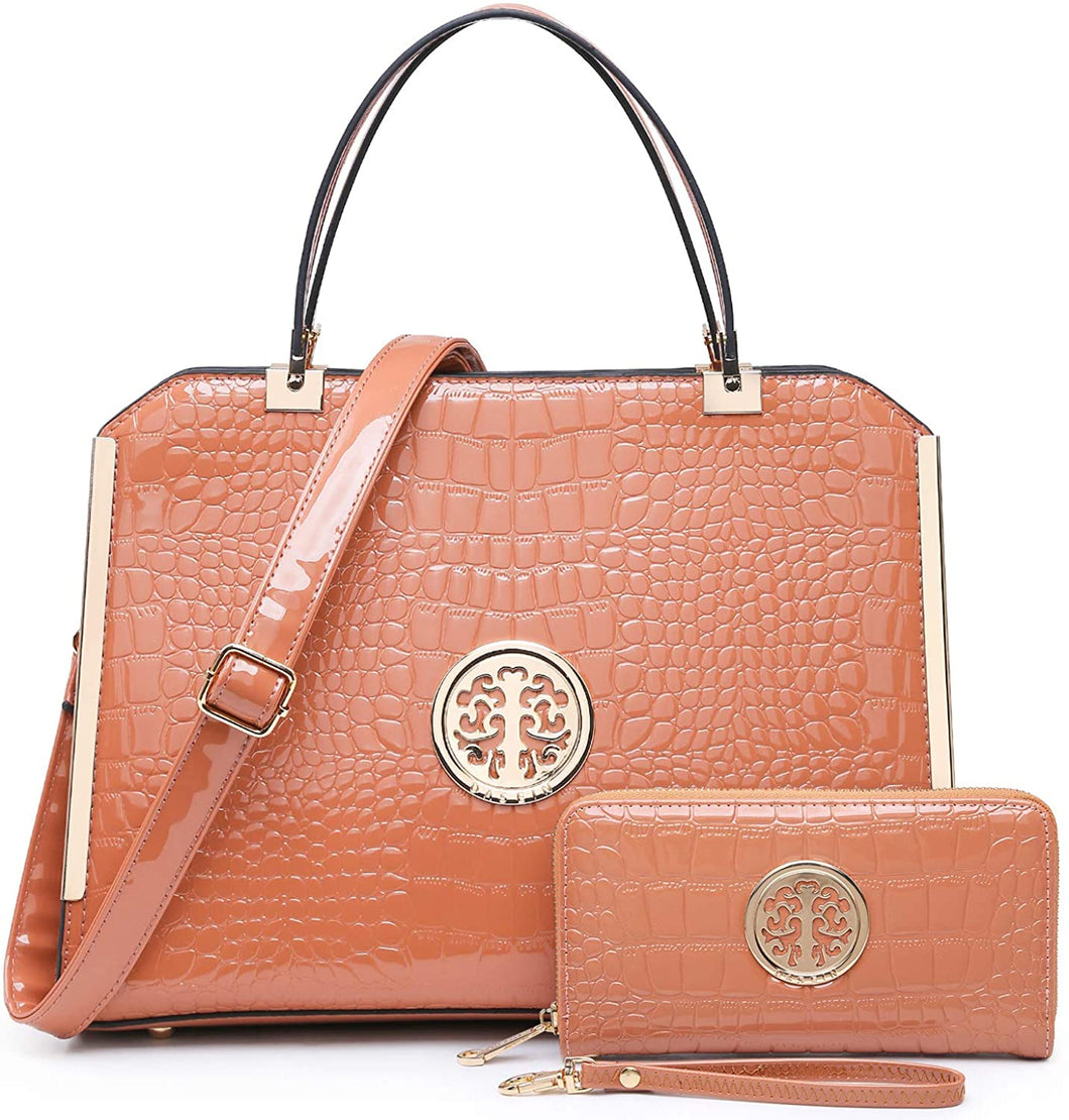 Croco Beige Large Satchel Handbag With Matching Wallet
