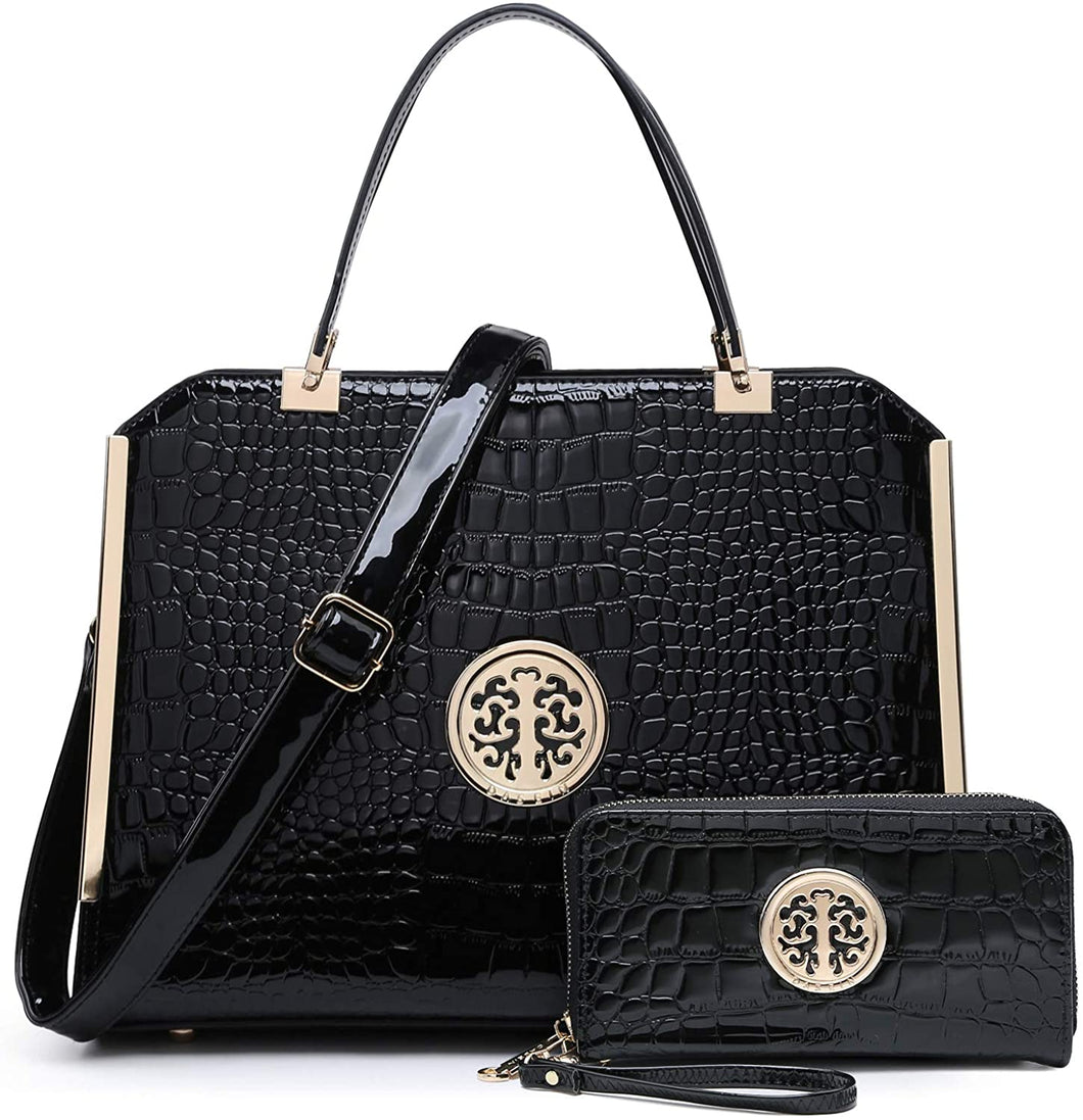 Croco Black Large Satchel Handbag With Matching Wallet