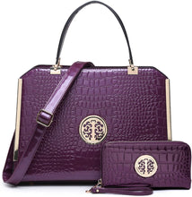 Load image into Gallery viewer, Croco Purple Large Satchel Handbag With Matching Wallet