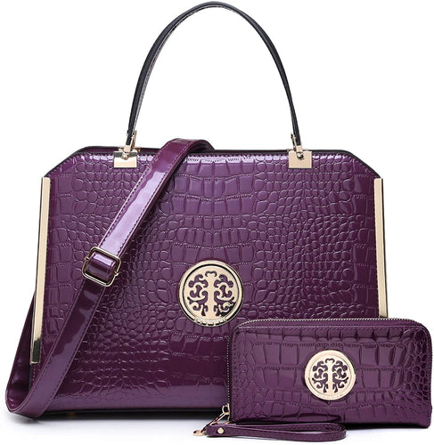 Croco Purple Large Satchel Handbag With Matching Wallet