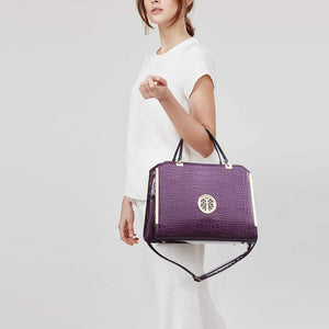 Croco Purple Large Satchel Handbag With Matching Wallet