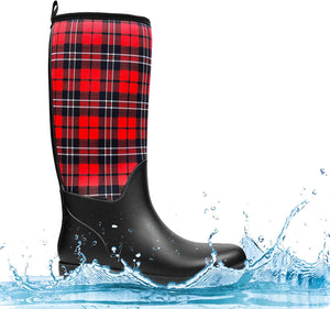 Red Plaid Waterproof Slip-On Women's Rain Boots