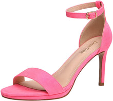 Load image into Gallery viewer, Neon Pink Suede Ankle Strap Pump Heeled Sandals