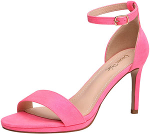 Neon Pink Suede Ankle Strap Pump Heeled Sandals