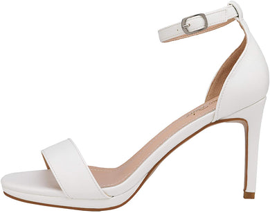 White Leather Ankle Strap Pump Heeled Sandals