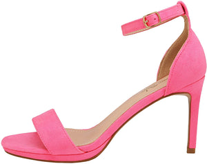 Neon Pink Suede Ankle Strap Pump Heeled Sandals
