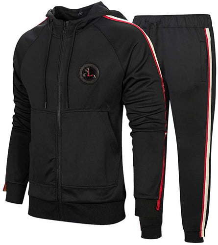 Men's Black Hooded Athletic Tracksuit Casual Full Zip Jogging Sweat suits