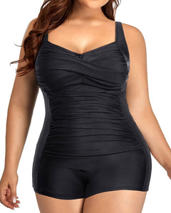 Santorini Black Plus Size One Piece Tummy Control Ruched Swimsuit