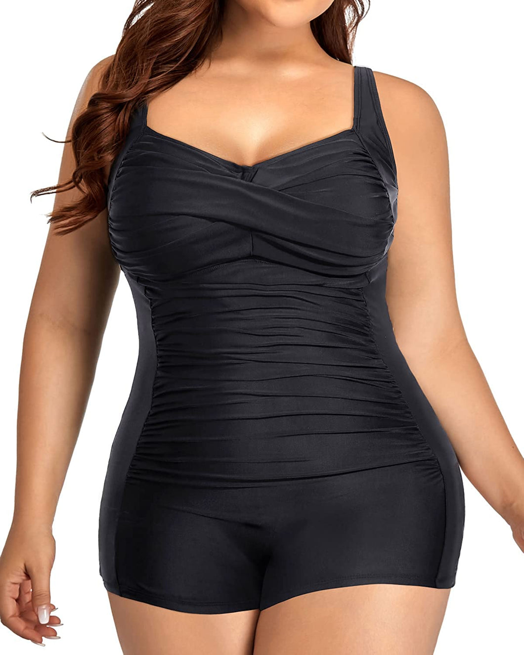 Santorini Black Plus Size One Piece Tummy Control Ruched Swimsuit