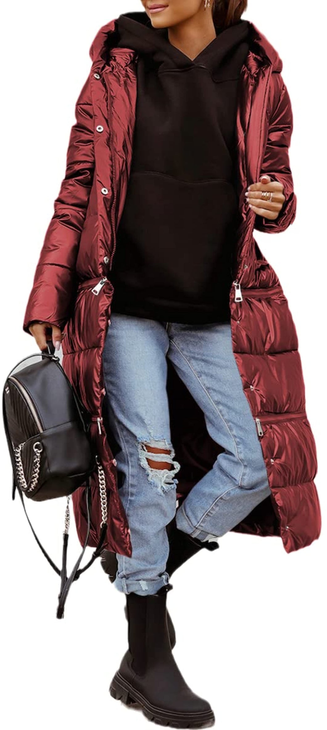 Women's Adjustable Long Red Quilted Puffer Jacket