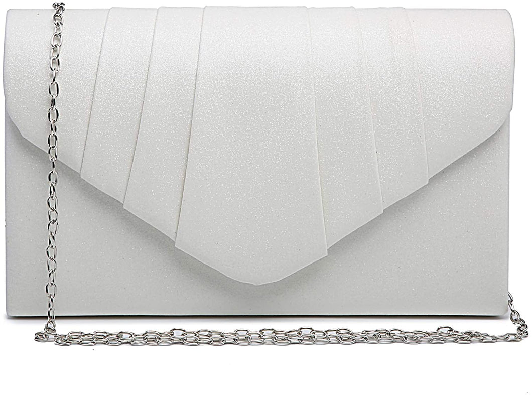 Pleated White Glitter Envelope Clutch Handbag Bridal Purse
