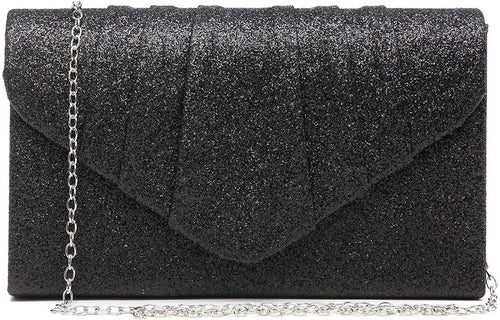 Pleated Black Glitter Envelope Clutch Handbag Bridal Purse