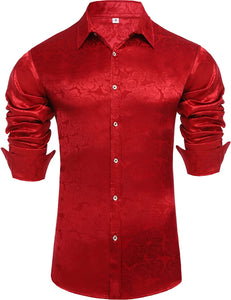Men's Red Long Sleeve Fashion Rose Jacquard Dress Shirt