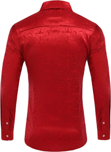Men's Red Long Sleeve Fashion Rose Jacquard Dress Shirt