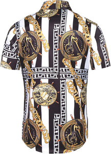 Men's Luxury Black & Gold Designer Style Short Sleeve Button Up Dress Shirt