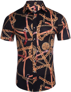 Men's Luxury Black & Gold Designer Style Short Sleeve Button Up Dress Shirt