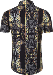 Men's Luxury Black & Gold Designer Style Short Sleeve Button Up Dress Shirt