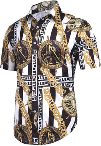 Men's Luxury Black & Gold Designer Style Short Sleeve Button Up Dress Shirt