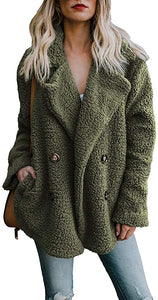 Winter Green Fleece Open Front Sherpa Coat with Pockets