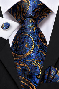 Paisley Novelty Gold-Blue Silk Men's Necktie Set