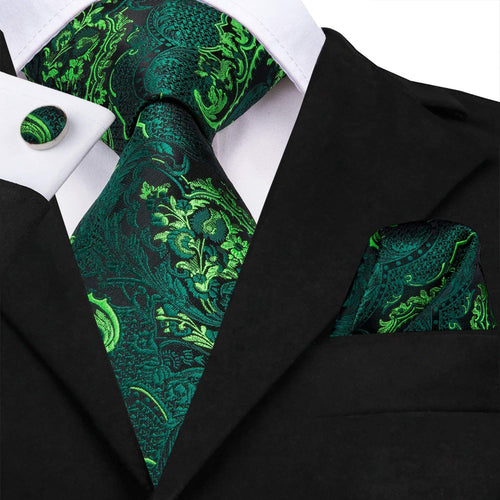 Paisley Novelty Green Flowers Silk Men's Necktie Set