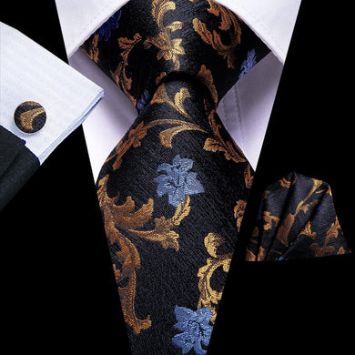 Paisley Novelty Brown-Blue-Black Silk Men's Necktie Set