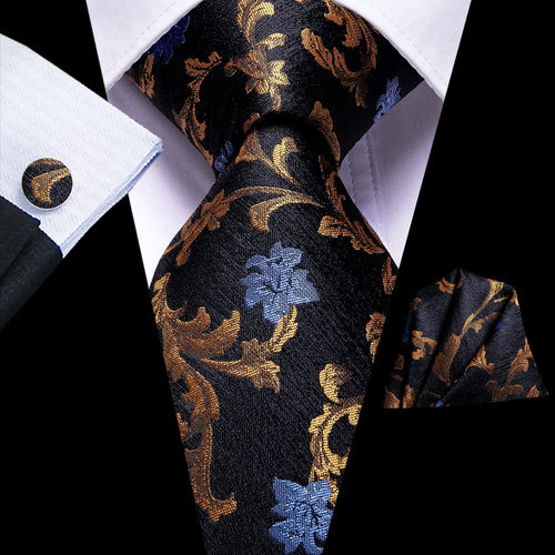 Paisley Novelty Brown-Blue-Black Silk Men's Necktie Set