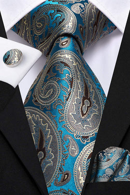 Famous Paisley Novelty Light Blue Silk Men's Necktie Set
