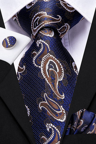 Oliver Paisley Novelty Navy Blue/Brown Silk Men's Necktie Set