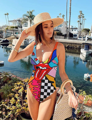 One Piece Red Colorful Printed Bathing Suit