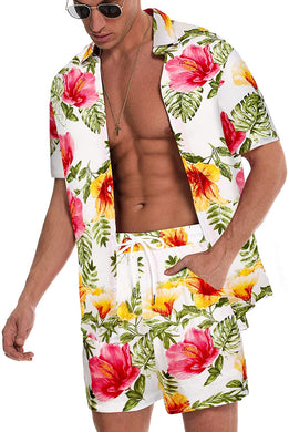 Men's White Floral Hawaiian Casual Short Sleeve Shorts Set