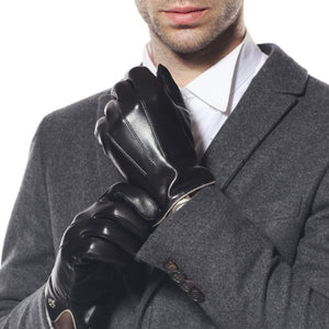 Men's Black Fleece Lining Winter Leather Gloves
