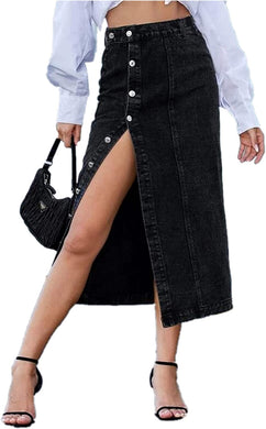 Summer Time Black Denim High Waist Button Up Maxi Skirt