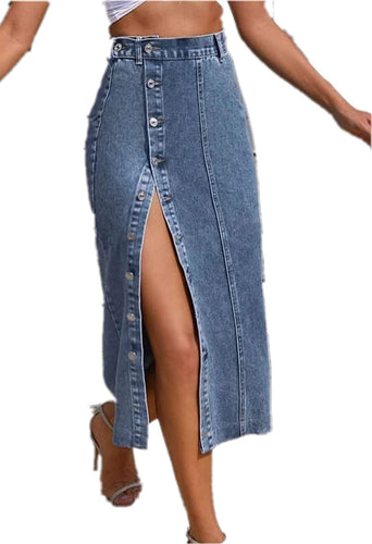 Casual Dark Blue High Waisted Button Up Denim  Skirt