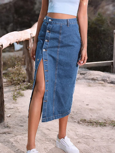 Blue Denim High Waist Button Up Maxi Skirt