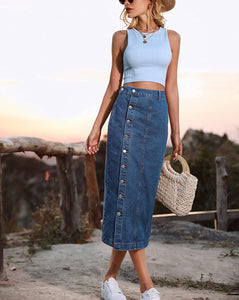 Blue Denim High Waist Button Up Maxi Skirt