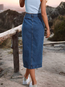 Blue Denim High Waist Button Up Maxi Skirt