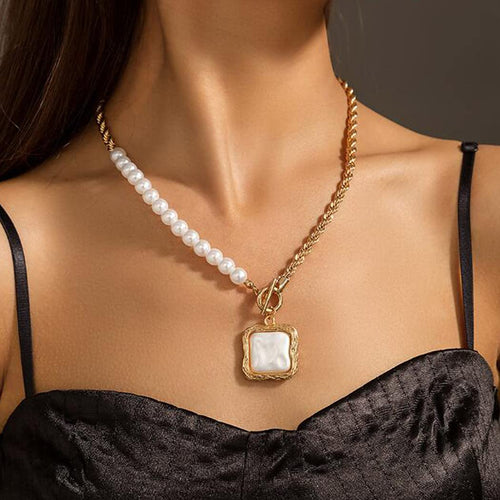 Baroque Pearl Choker Square Pendant Gold Chain Necklace