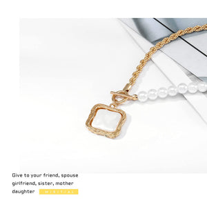 Baroque Pearl Choker Square Pendant Gold Chain Necklace