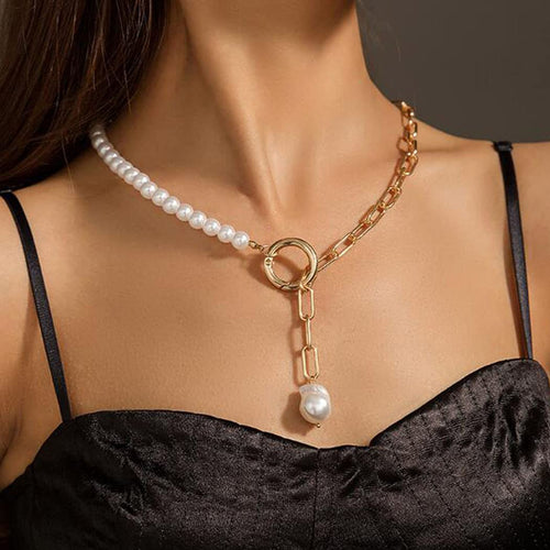 Pearl Choker Pendant Paperclip Chain Gold Necklace