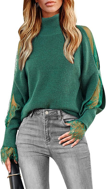 Turtleneck Dark Green Long Sleeve Lace Cuff Pullover Sweater