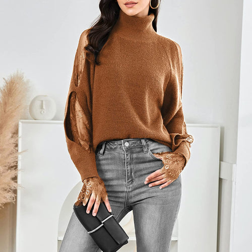 Turtleneck Brown Long Sleeve Lace Cuff Pullover Sweater