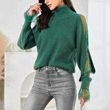 Load image into Gallery viewer, Turtleneck Dark Green Long Sleeve Lace Cuff Pullover Sweater