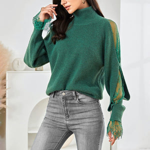 Turtleneck Dark Green Long Sleeve Lace Cuff Pullover Sweater