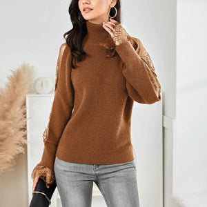 Turtleneck Brown Long Sleeve Lace Cuff Pullover Sweater