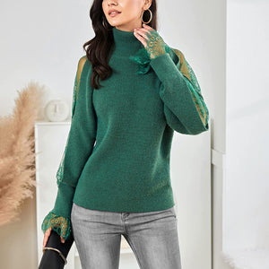 Turtleneck Dark Green Long Sleeve Lace Cuff Pullover Sweater