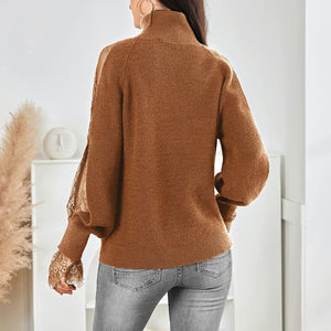 Turtleneck Brown Long Sleeve Lace Cuff Pullover Sweater