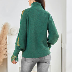 Turtleneck Dark Green Long Sleeve Lace Cuff Pullover Sweater